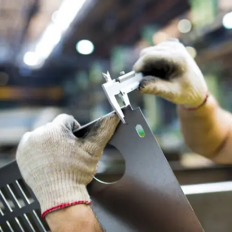 person measuring and quality checking a metal part